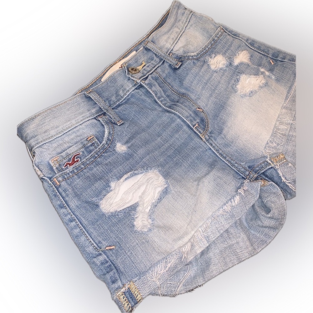 Hollister Y2K Light Blue Distressed Cuffed Denim Jean Short Shorts 0 24 - Picture 6 of 9